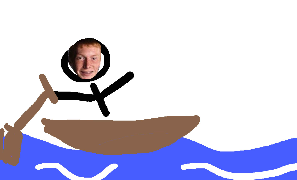 We drew a stick figure and a boat and water and there's a kid's face on the stick figure. Art.