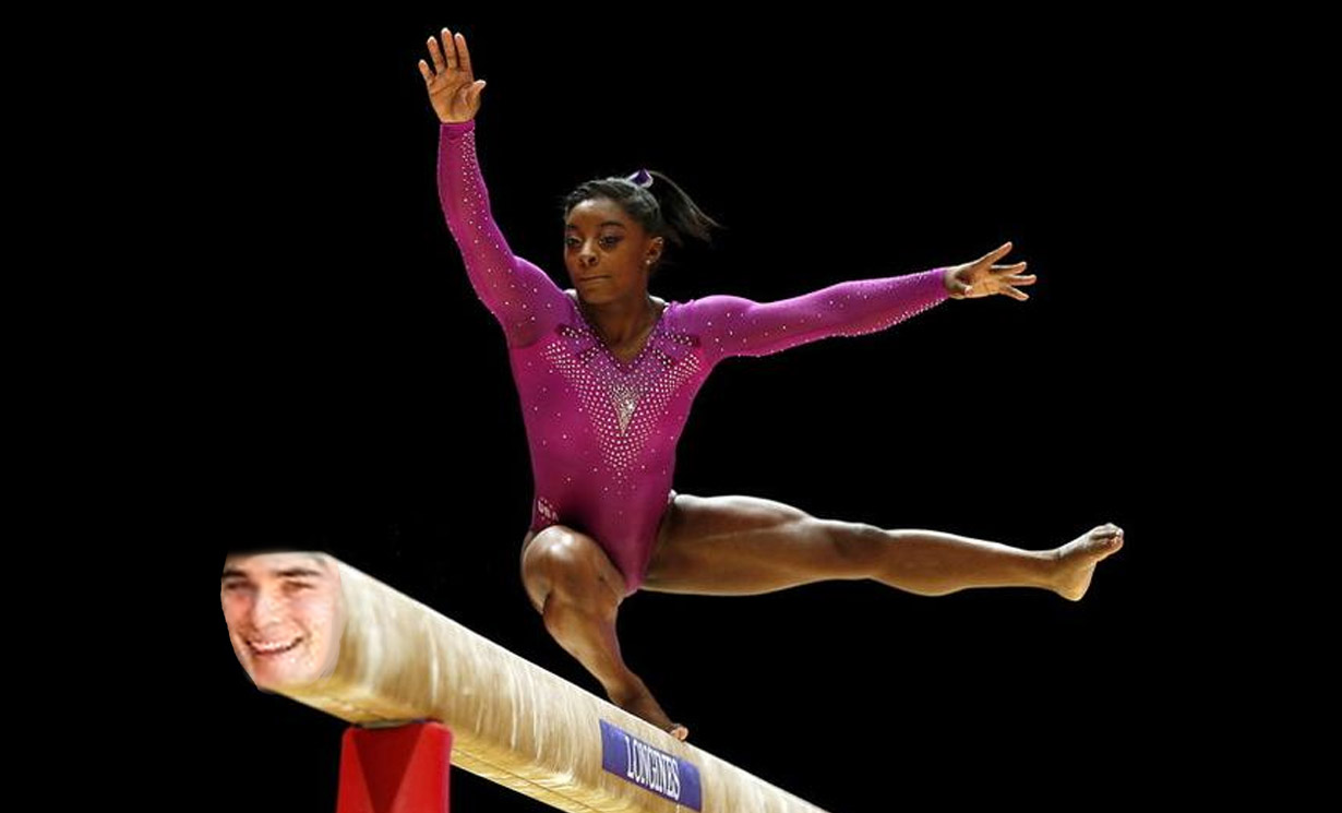 Kid's face is the end of the balance beam during Olympic gymnastics