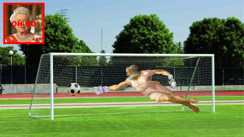 God, depicted as in Michaelangelo's Creation of Adam, fails to save a soccer ball from crossing the line of a soccer goal. Queen Elizabeth is in a small red box in the upper right corner, captioned as saying "Oh no!"