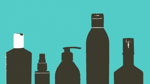 An array of shampoo bottles.