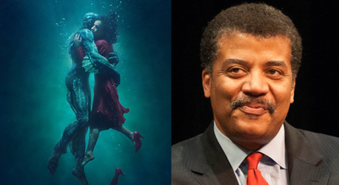 Side-by-side: The Shape of Water poster and a photo of Neil DeGrasse Tyson