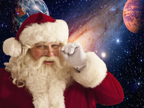 Santa Claus, with a space background