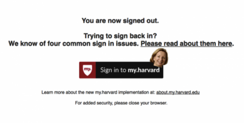 A picture of the my.harvard sign in page with Katie Lapp's head