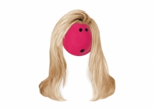 A pink bowling ball wearing a blonde wig