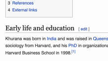 A screenshot of Rakesh Khurana's wikipedia page showing the Early Life and Education Heading with edit button