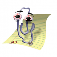 Clippy, from Microsoft Word, bent-out-of-shape and with blood-shot eyes, next to a bottle and ash tray