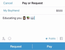 A Venmo request for $500 addressed to "My Boyfriend" for "Educating you."