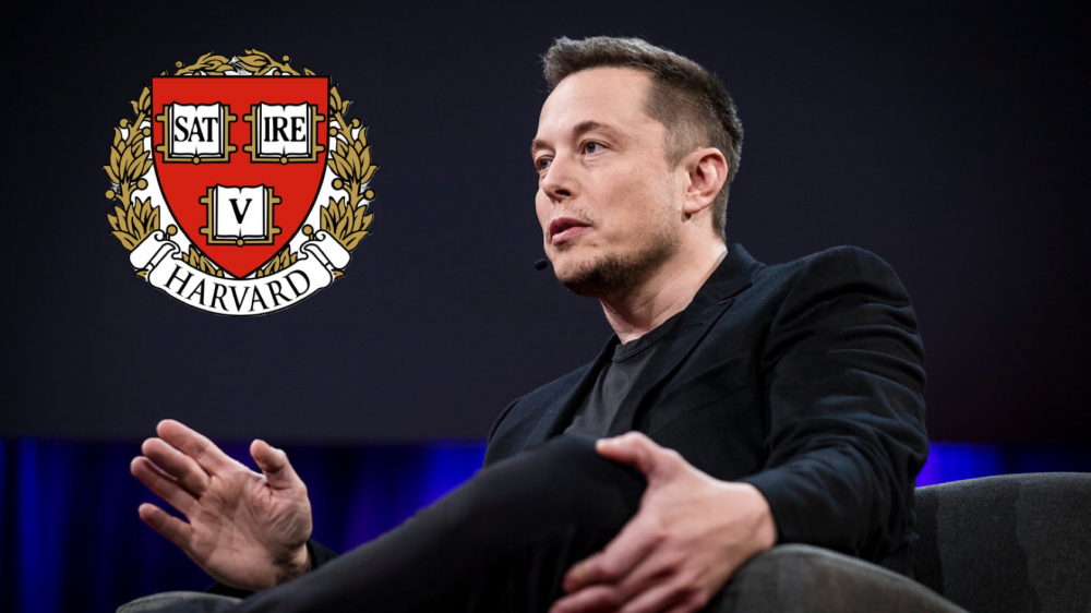 Elon Musk speaking with SatireV logo on black screen behind him