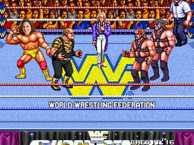 Your child's face is Jumanji'd (the new one) into a retro World Wrestling Federation video game